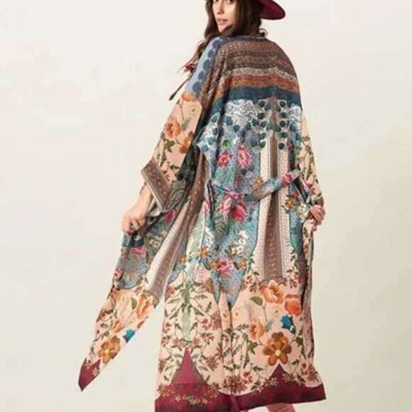 Ethnic Tribal Pattern Boho Belted Kimono, Long Wide Sleeve Loose Baggy Cover Up - Picture 3 of 5